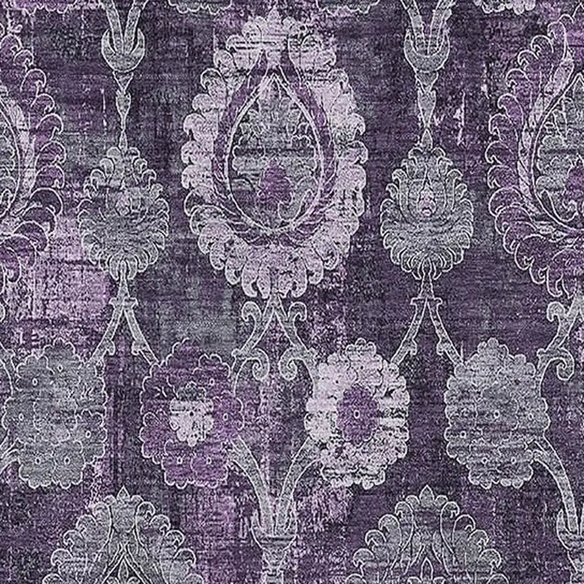 Eggplant And Gray Damask Washable Area Rug With UV Protection Photo 3