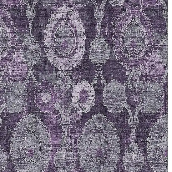 Eggplant And Gray Damask Washable Area Rug With UV Protection Photo 4