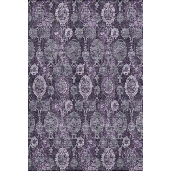 Eggplant And Gray Damask Washable Area Rug With UV Protection Photo 1