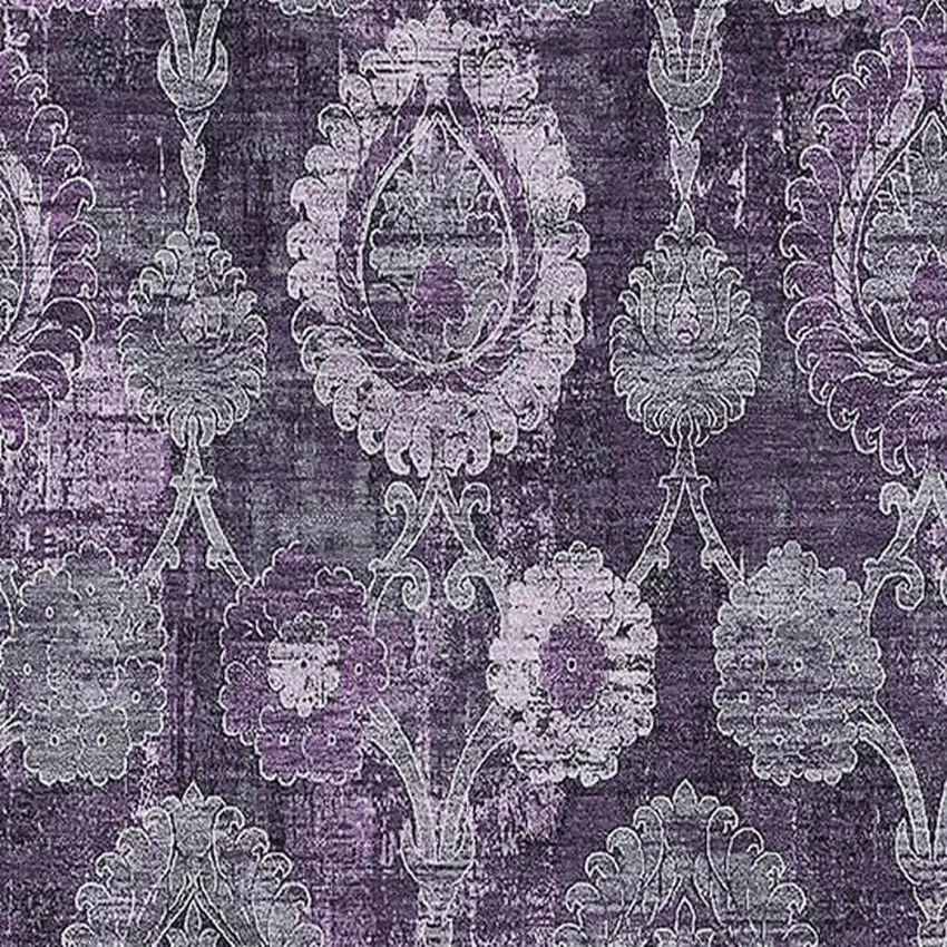 Eggplant And Gray Damask Washable Area Rug With UV Protection Photo 3