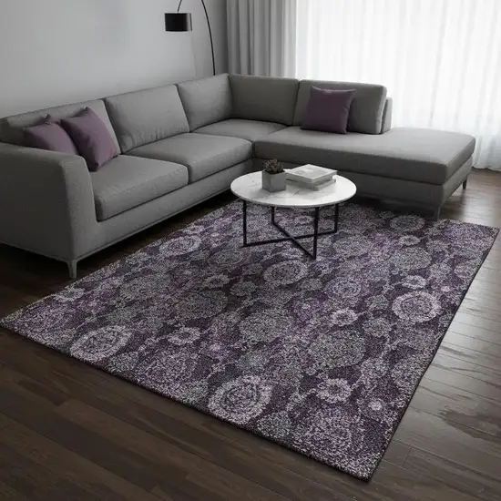 Eggplant And Gray Damask Washable Area Rug With UV Protection Photo 2