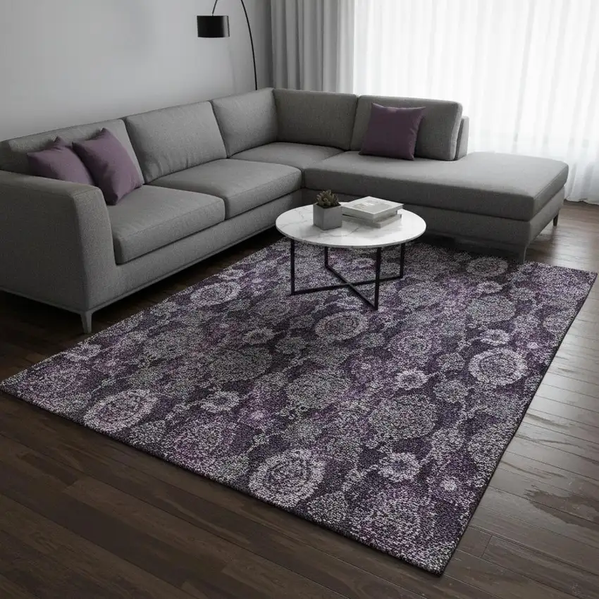 Eggplant And Gray Damask Washable Area Rug With UV Protection Photo 2