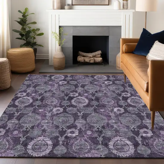 Eggplant And Gray Damask Washable Area Rug With UV Protection Photo 6