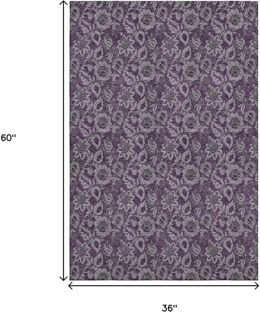 Eggplant And Gray Floral Washable Area Rug With UV Protection Photo 5