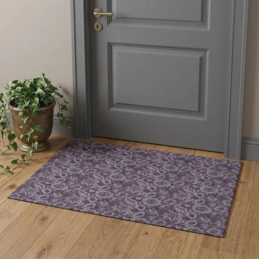 Eggplant And Gray Floral Washable Area Rug With UV Protection Photo 1