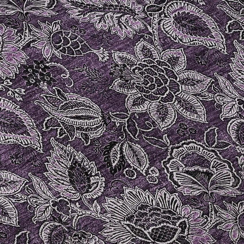 Eggplant And Gray Floral Washable Area Rug With UV Protection Photo 9
