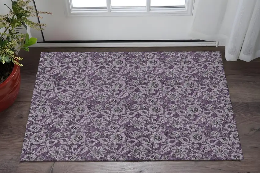 Eggplant And Gray Floral Washable Area Rug With UV Protection Photo 2