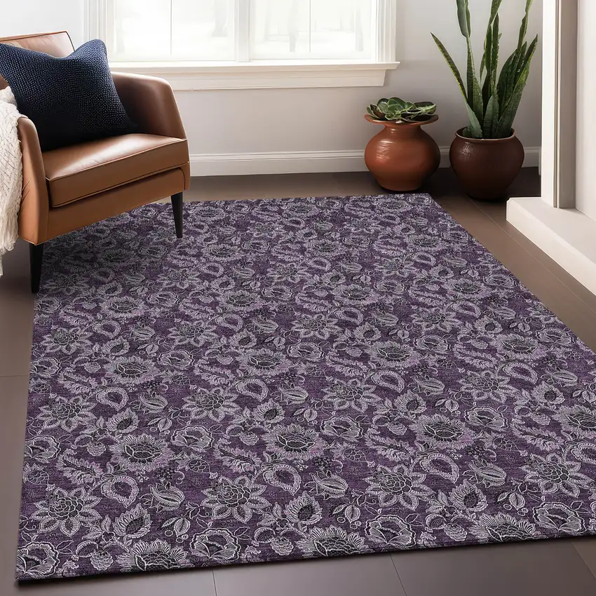 Eggplant And Gray Floral Washable Area Rug With UV Protection Photo 4