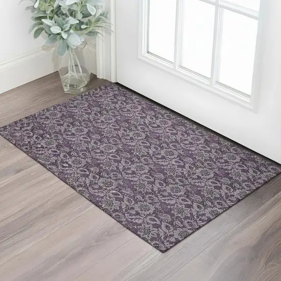 Eggplant And Gray Floral Washable Area Rug With UV Protection Photo 1