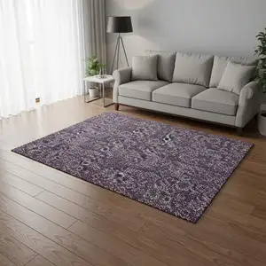 Photo of Eggplant And Gray Floral Washable Area Rug With UV Protection