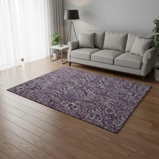 Eggplant And Gray Floral Washable Area Rug With UV Protection Photo 1