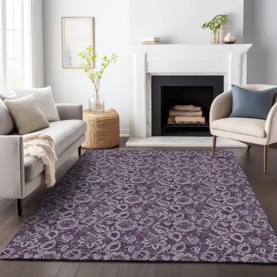 Eggplant And Gray Floral Washable Area Rug With UV Protection Photo 5