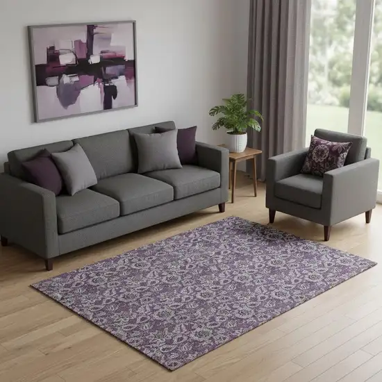 Eggplant And Gray Floral Washable Area Rug With UV Protection Photo 1
