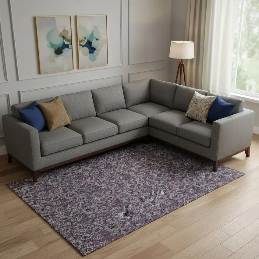 Eggplant And Gray Floral Washable Area Rug With UV Protection Photo 2