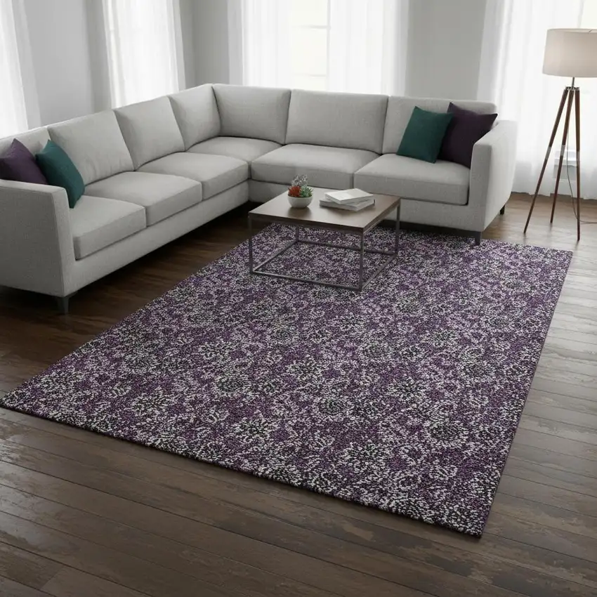 Eggplant And Gray Floral Washable Area Rug With UV Protection Photo 1