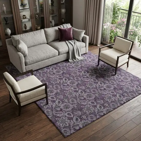 Eggplant And Gray Floral Washable Area Rug With UV Protection Photo 1