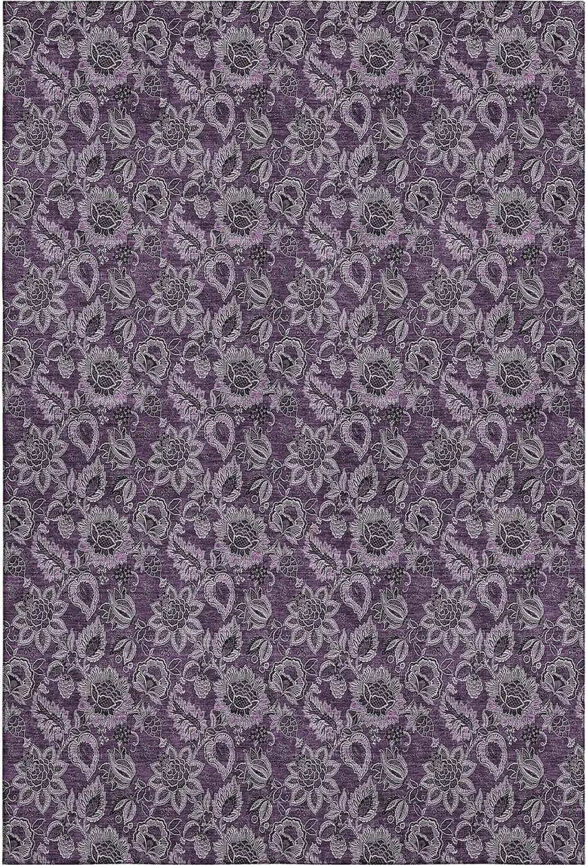 Eggplant And Gray Floral Washable Area Rug With UV Protection Photo 2
