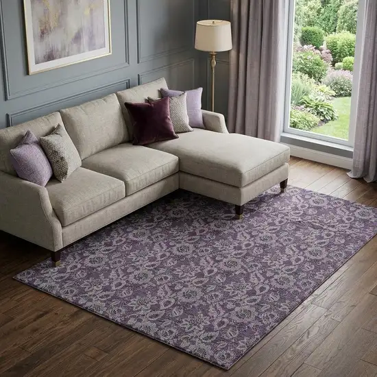 Eggplant And Gray Floral Washable Area Rug With UV Protection Photo 1