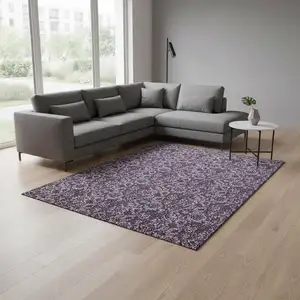 Photo of Eggplant And Gray Floral Washable Area Rug With UV Protection