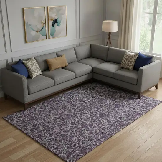 Eggplant And Gray Floral Washable Area Rug With UV Protection Photo 2