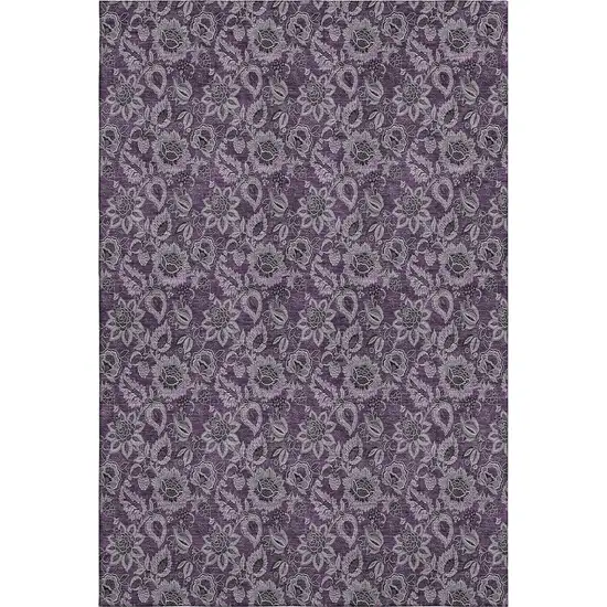 Eggplant And Gray Floral Washable Area Rug With UV Protection Photo 2