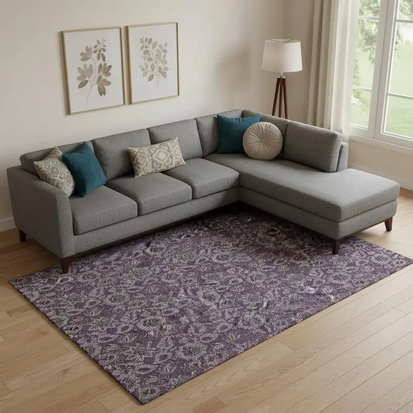 Eggplant And Gray Floral Washable Area Rug With UV Protection Photo 2