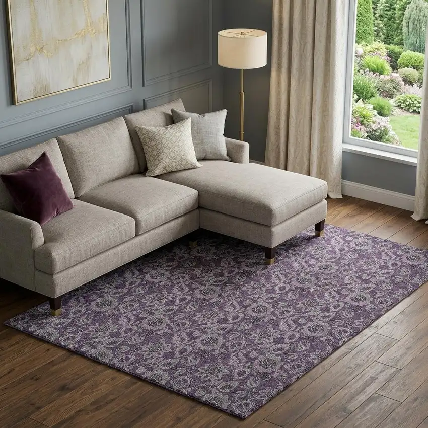 Eggplant And Gray Floral Washable Area Rug With UV Protection Photo 1