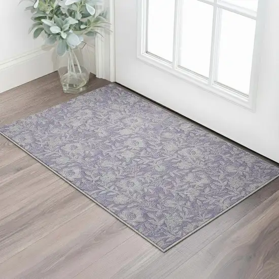 Eggplant And Gray Floral Washable Area Rug With UV Protection Photo 2