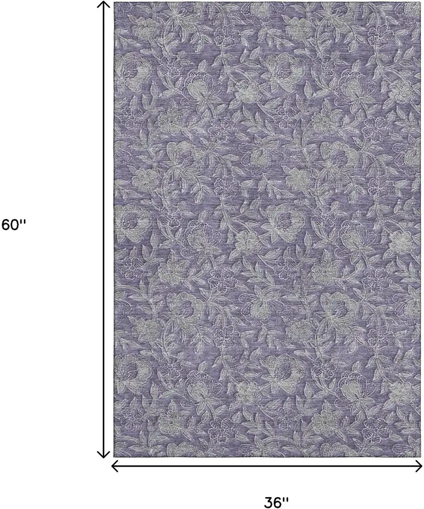 Eggplant And Gray Floral Washable Area Rug With UV Protection Photo 3