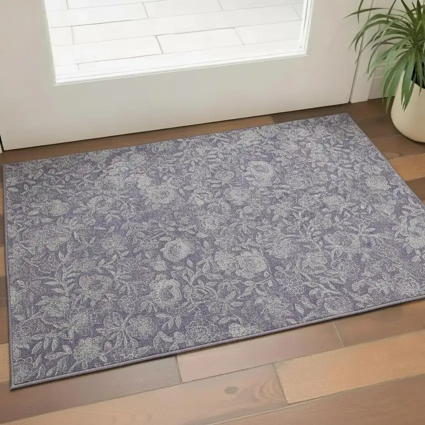 Eggplant And Gray Floral Washable Area Rug With UV Protection Photo 1