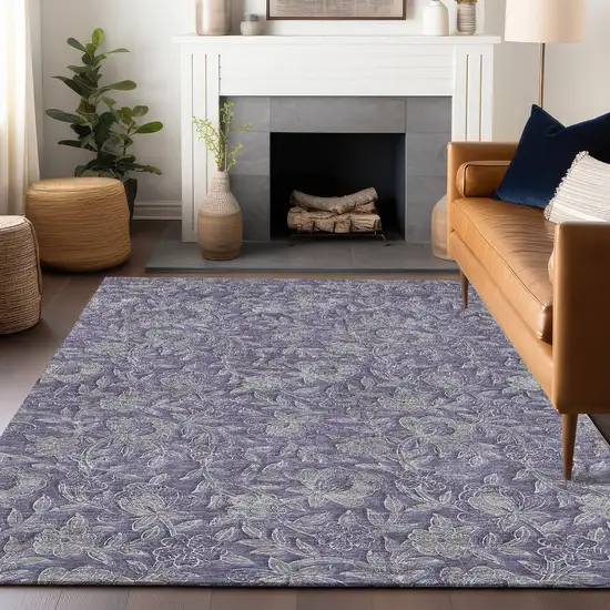 Eggplant And Gray Floral Washable Area Rug With UV Protection Photo 5