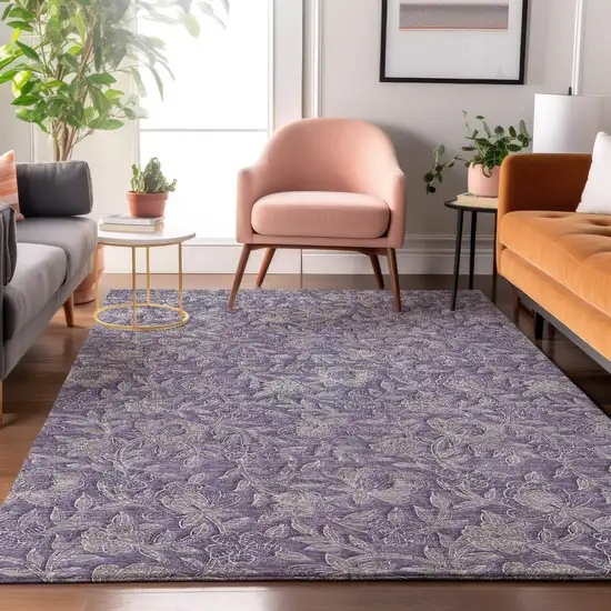 Eggplant And Gray Floral Washable Area Rug With UV Protection Photo 4
