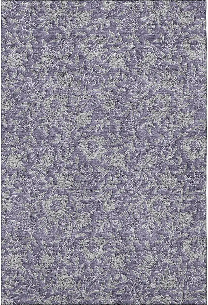Eggplant And Gray Floral Washable Area Rug With UV Protection Photo 3
