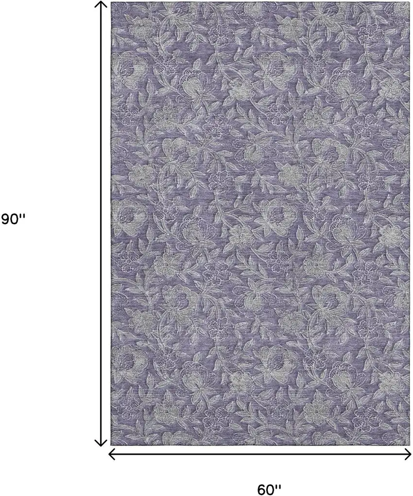 Eggplant And Gray Floral Washable Area Rug With UV Protection Photo 3