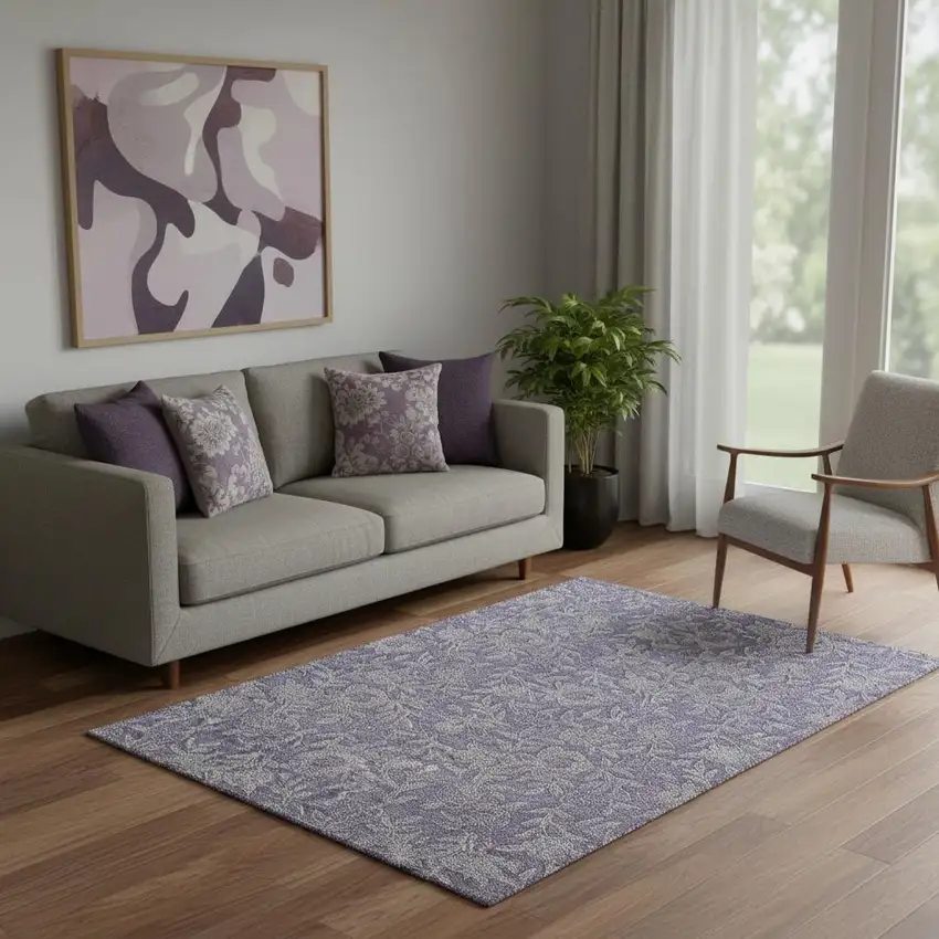 Eggplant And Gray Floral Washable Area Rug With UV Protection Photo 1