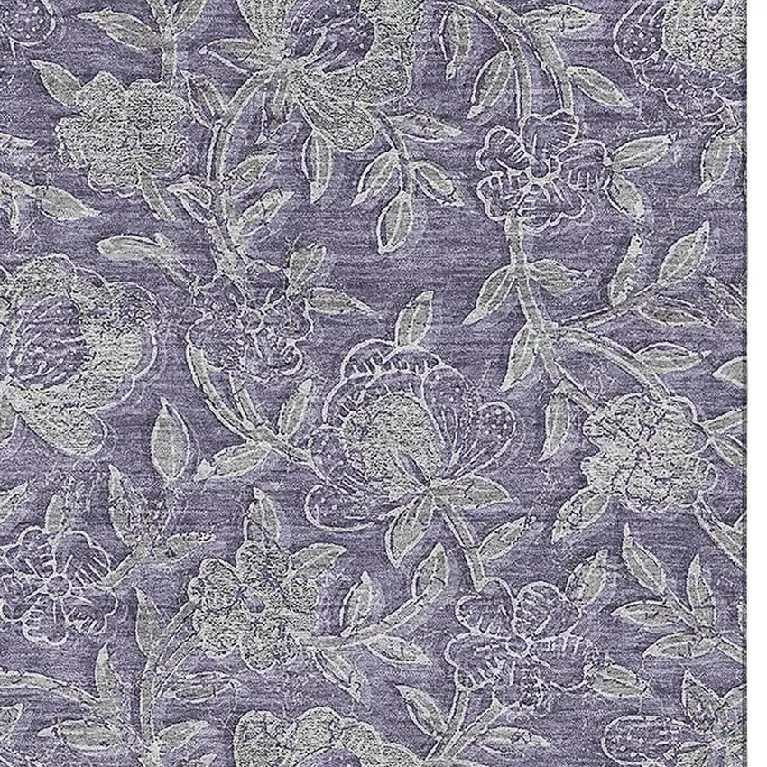 Eggplant And Gray Floral Washable Area Rug With UV Protection Photo 4