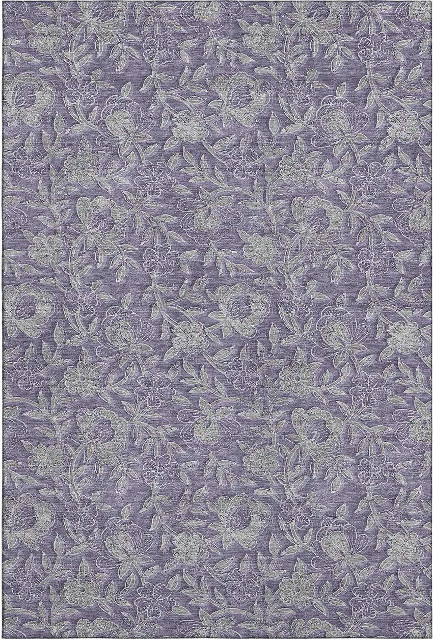 Eggplant And Gray Floral Washable Area Rug With UV Protection Photo 1