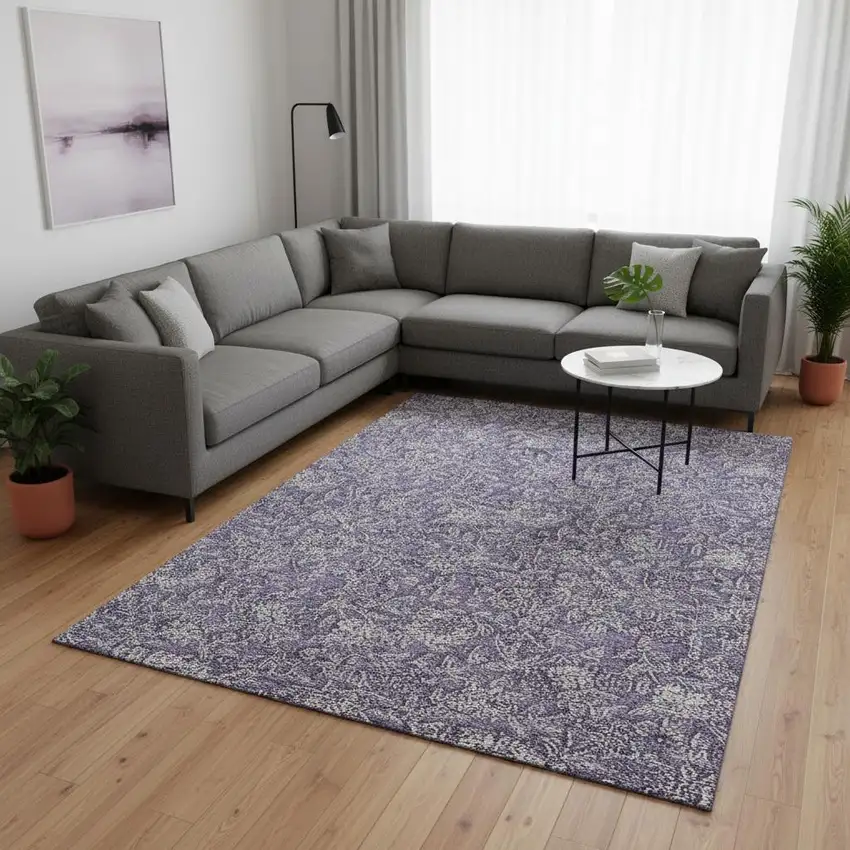Eggplant And Gray Floral Washable Area Rug With UV Protection Photo 2
