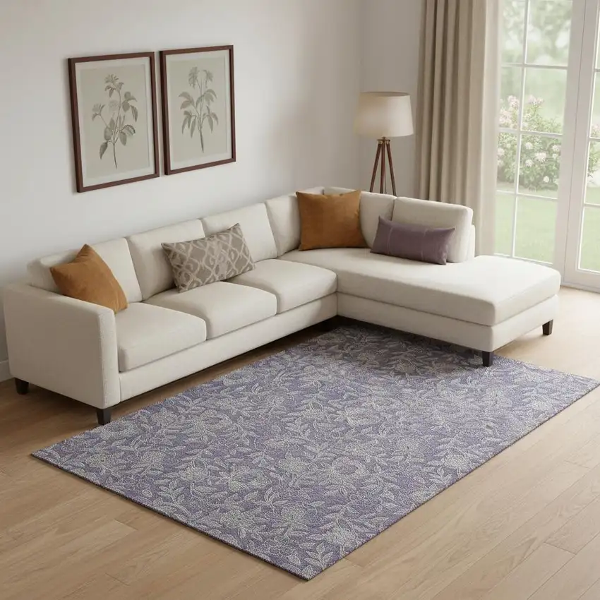 Eggplant And Gray Floral Washable Area Rug With UV Protection Photo 1