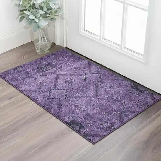 Eggplant And Gray Floral Washable Area Rug With UV Protection Photo 2