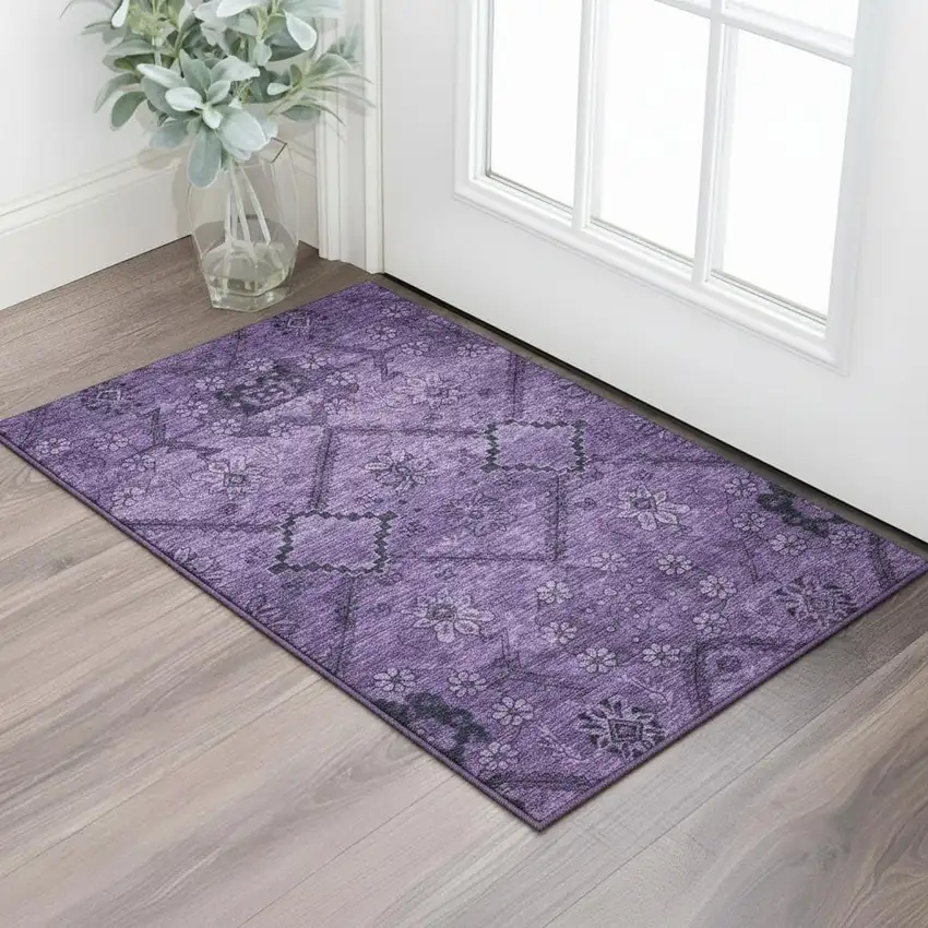 Eggplant And Gray Floral Washable Area Rug With UV Protection Photo 2
