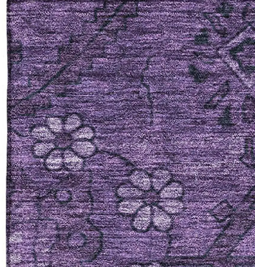 Eggplant And Gray Floral Washable Area Rug With UV Protection Photo 4