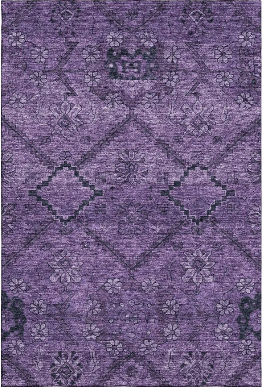 Eggplant And Gray Floral Washable Area Rug With UV Protection Photo 1