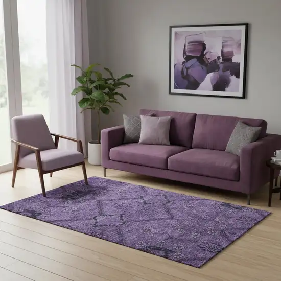 Eggplant And Gray Floral Washable Area Rug With UV Protection Photo 1