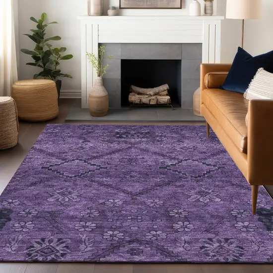 Eggplant And Gray Floral Washable Area Rug With UV Protection Photo 6