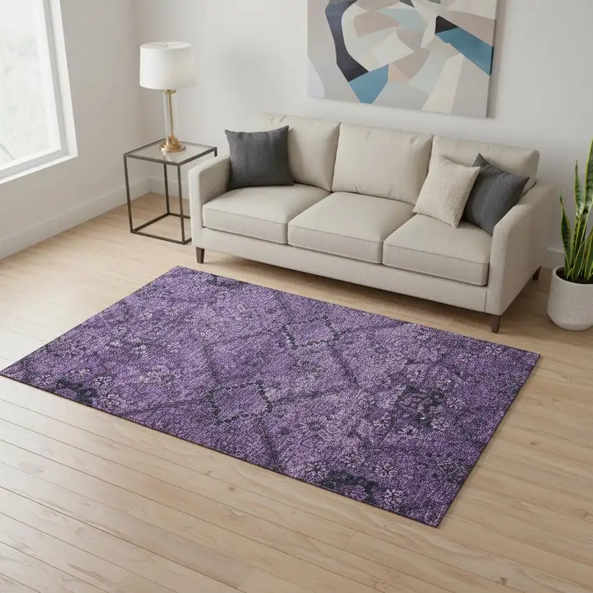 Eggplant And Gray Floral Washable Area Rug With UV Protection Photo 2