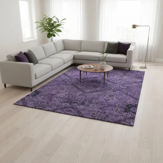 Eggplant And Gray Floral Washable Area Rug With UV Protection Photo 2