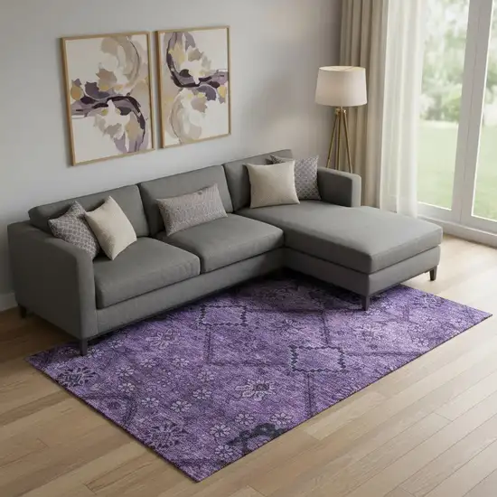 Eggplant And Gray Floral Washable Area Rug With UV Protection Photo 1
