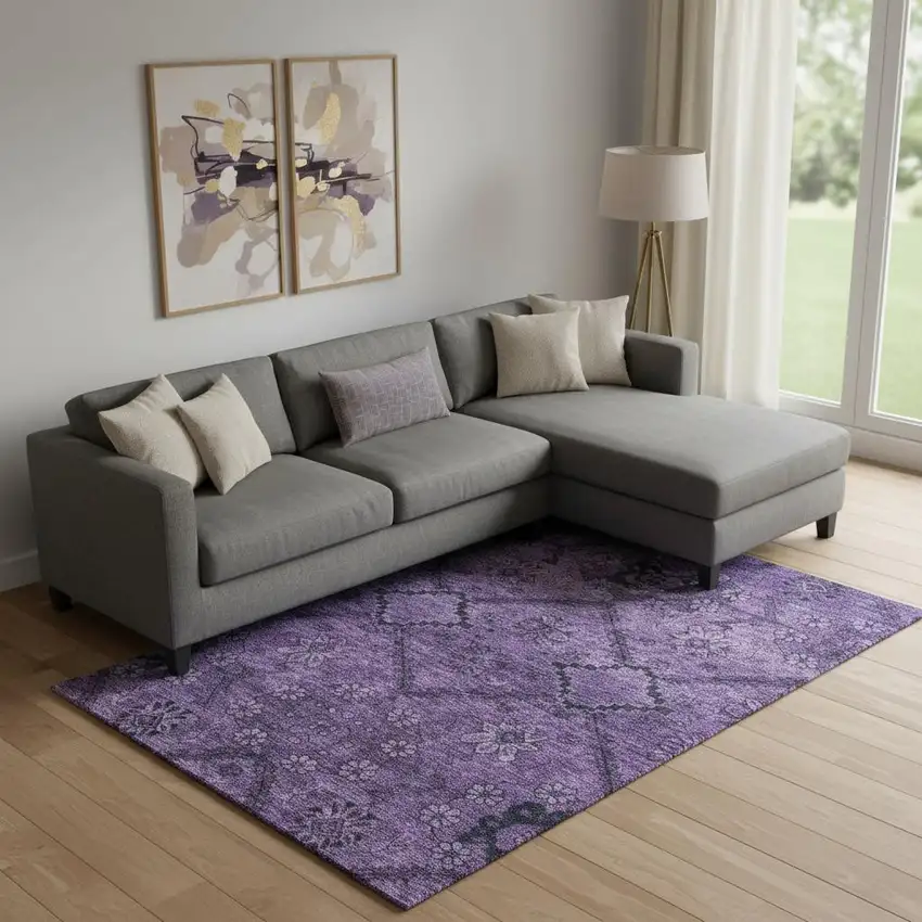 Eggplant And Gray Floral Washable Area Rug With UV Protection Photo 1
