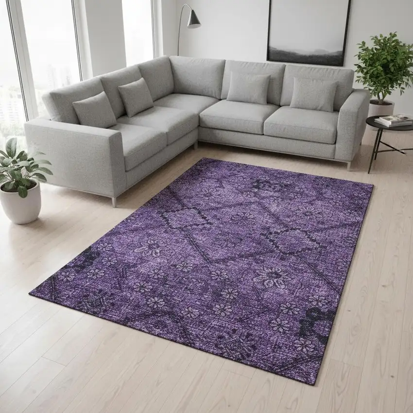 Eggplant And Gray Floral Washable Area Rug With UV Protection Photo 2